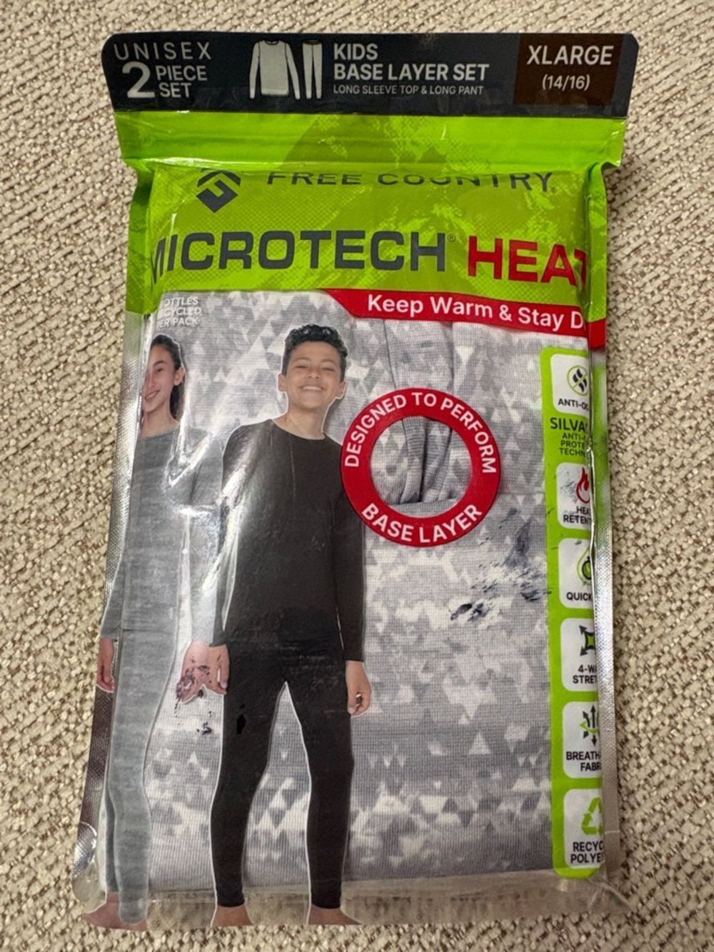 Free Country Kids XL 14/16 Microtech Heat Base Layer Set - White/Gray